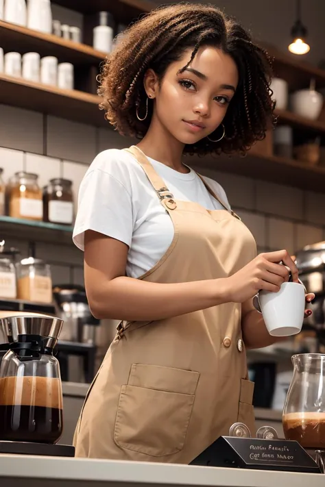 (obra maestra, mejor calidad), Chica negro, Pelo RIZADO, barista