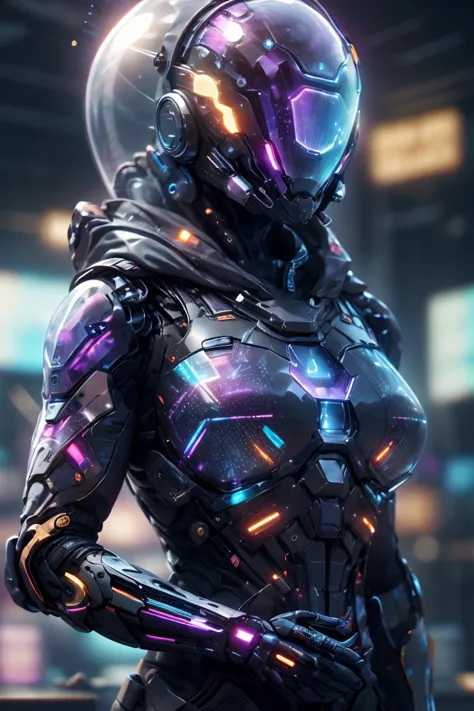 a futuristic woman in a futuristic suit with glowing lights