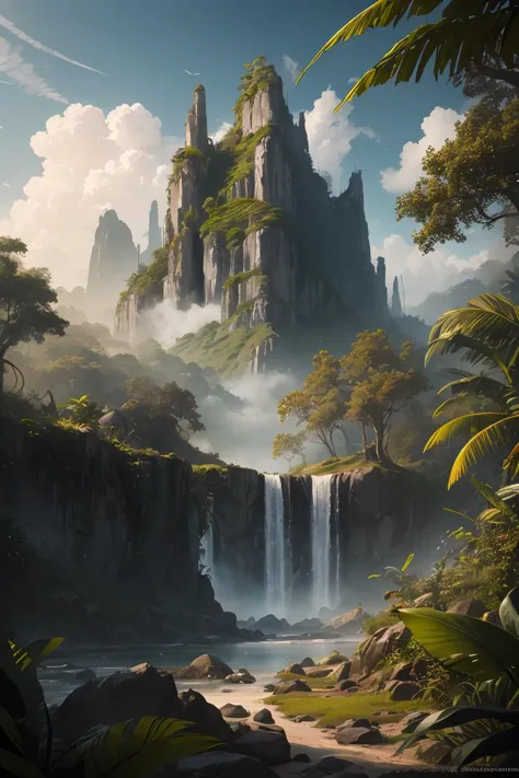 a painting of a waterfall in the middle of a jungle