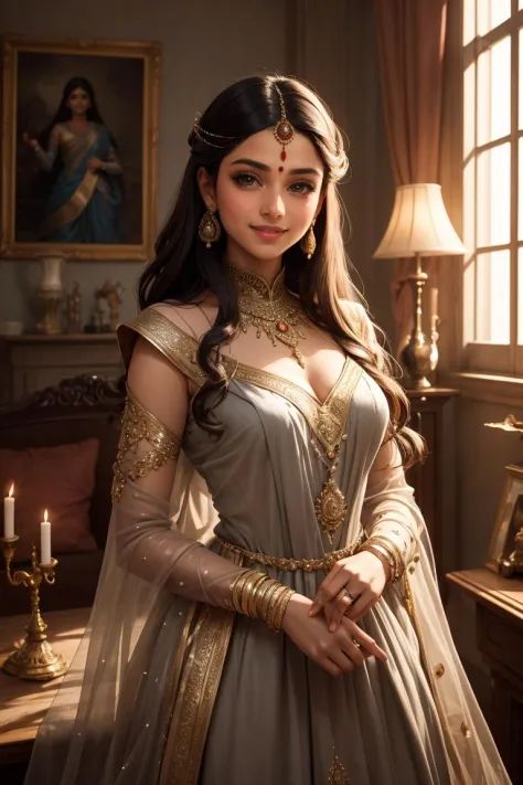 luz cinematográfica dramática, renascimento, quarto bagunçado, retrato de uma linda mulher indiana usando um vestido blindado, vestido cinza, imperfeições detalhadas da pele, sorriso de uma princesa da Disney