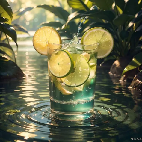 (8k, RAW-Foto, beste Qualität, Meisterwerk:1.2),(realistisch, photo-realistisch:1.37),Limonade,(glänzender Hintergrund:1.2),Grünes Thema,Wasseroberfläche, nur konzentrieren,Produkteigenschaft