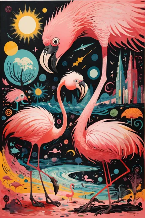 masterpiece,best quality,<lora:TUYA5:0.85>,surrealistic,tuyawang,abstract,doodle art,flamingo,