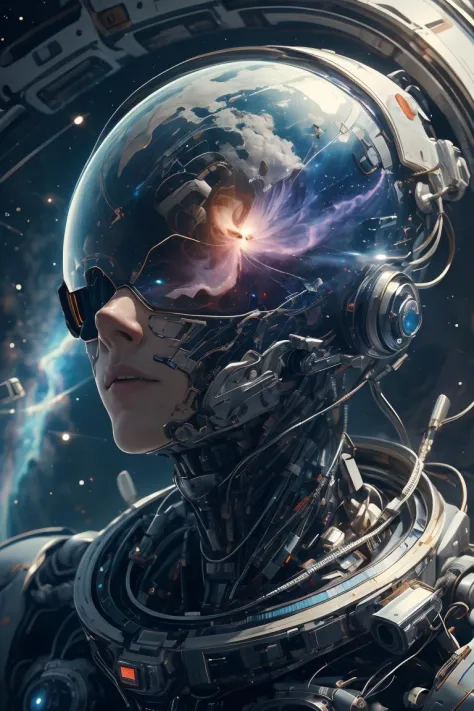 (best quality, masterpiece),Detailed,1boy,astronaut,complex portrait of a sci-fi Borg floating in outer space,nebula,galaxy,Looking forward,(cybernetic limb:0.7),