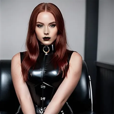 RAW photo, Elegant norwegian young girl, 18 years, gothicgirl with long, smooth red hair and very light pale skin, dark eyeshadow, dark lipstick, sitting on a black leather chair in a dark bar with neon sign, wearing a black latex catsuit and black latex c...