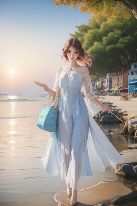 a woman in a white dress walking on a beach near the water