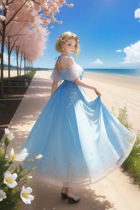 a woman in a blue dress standing on a path near a tree