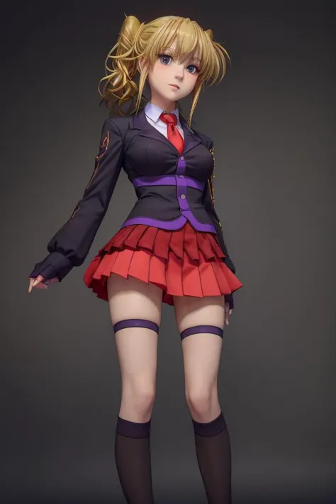 (masterpiece, best quality), 1girl,    jessica, blond hair, ponytail ,two-tone skirt,  bicolor skirt, red skirt, ushiromiya logo, kneehighs, jacket, necktie, purple stitching