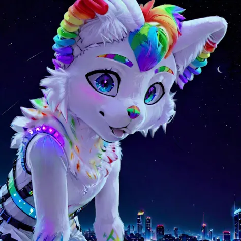 <lora:Furtastic_Detailer:1>,<lora:more_details:1>,<hypernet:furryYiffy_v12:1>,boopernova,furry,(highly detailed:1.4),(detailed face:1.4),rainbow mohawk:1.5,rainbow nose:1.5,rainbow spotted mane,rainbow eyebrows:1.5,full body,full body view,far shot,anthro,anthro wolf,kkw-fur,white fur,anthro,anthro wolf,very pure white fur,photo,cityscape,gradient background,dreamlike,((futurism)),glowing neon lights,Cinematic Lighting,moody lighting,highres,fantasy,cyberpunk,city_lights,<lora:locon_perfecteyes_v1_from_v1_64_32:1>,perfecteyes eyes,photo of perfecteyes eyes,two tone blue and purple eye color,<hypernet:slimModelsV1_slimmodelsV1:1>very skinny,petite,small ass,slender hips,female,non binary,
furry,cute,rainbow flame markings,detailed markings,star pattern,<lora:BooperNova-xl:1>,solo,