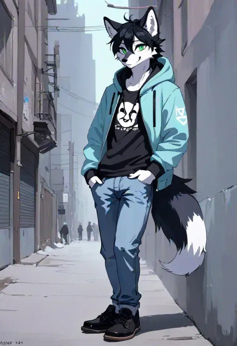 Male, 20 years old, twink, furry, anthro, furry character, one male, fox, arctic fox, arctic, white fur, messy black hair, black...