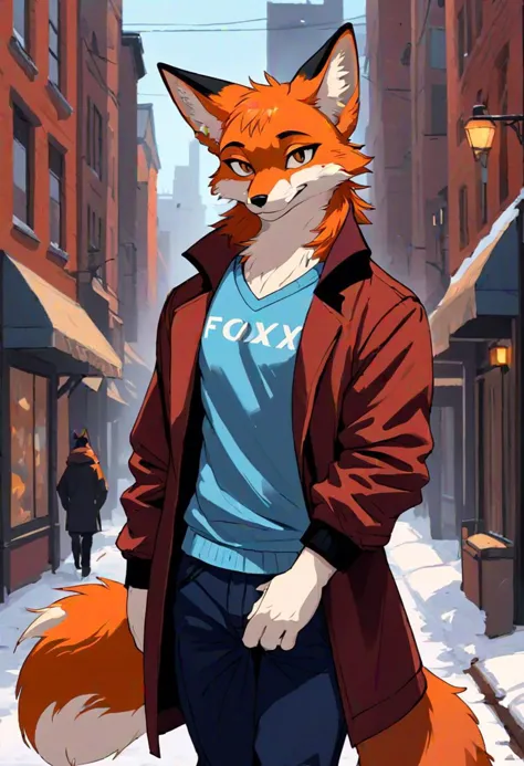 Male, 20 years old, tall, muscular, furry, anthro, furry character, one male, fox, orange fox, orange fur, white fur, auburn hai...