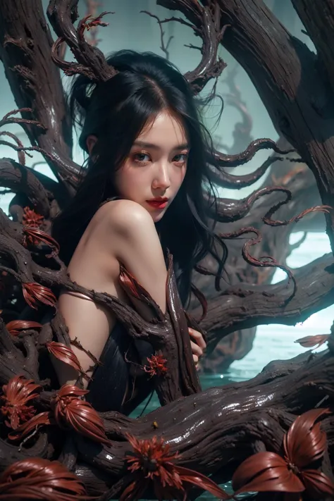 (dark vibe:1.4),1girl,famtasy,wrapped in withered branches,surrealistic,blending with natural elements,jitome,tentacles,standing in water,TENTACLES,
TENTACLE PIT,