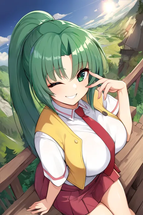 <lora:MionXL:1>, Mion Sonozaki, green hair, green eyes, ponytail, white shirt, red necktie, yellow vest, red skirt, yellow tee, ...