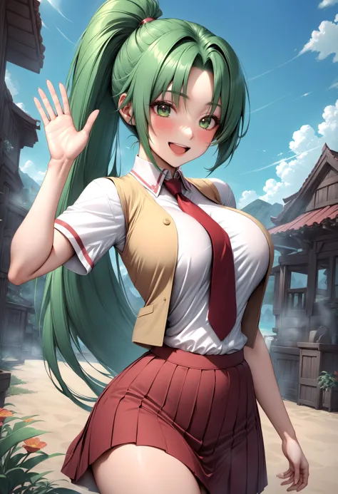 masterpiece, best quality, 1girl, Mion Sonozaki, green hair, green eyes, ponytail, white shirt, red necktie, yellow vest, red skirt, <lora:MionXL:1>, waving, smile, :d, cowboy shot, outdoors,