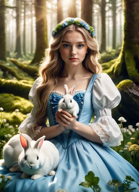 a woman in a blue dress holding a white rabbit in a forest