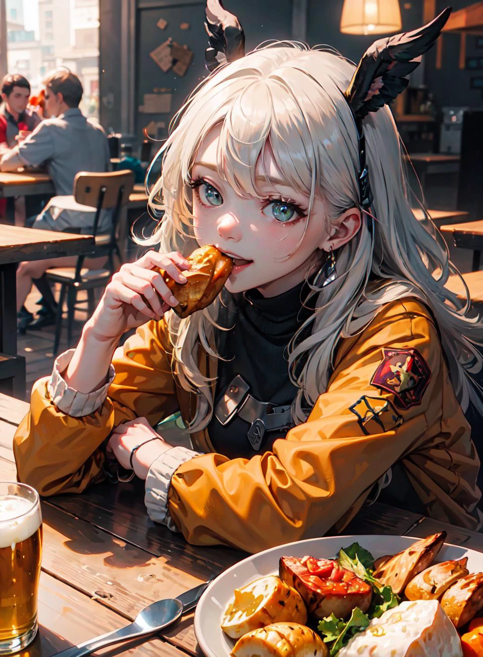 (masterpiece:1.2, best quality), (real picture, intricate details), raytracing, detailed face, extremely detailed CG unity 8k wallpaper, 1girl, white hair, dynamic angle, smile , golden eye , eating , foods , big roast chicken , drool , beer