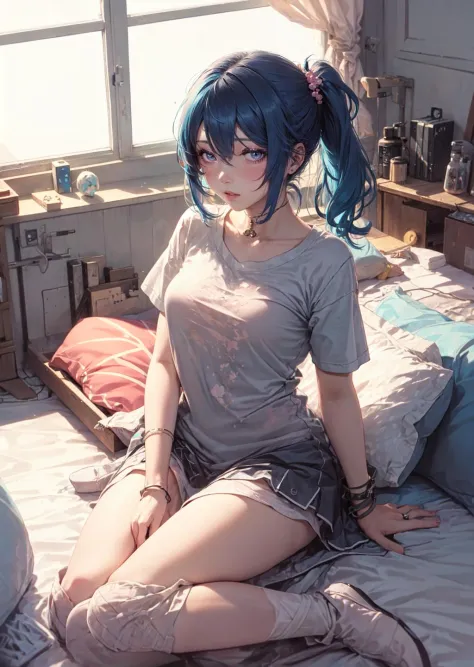 anime art, 1girl, (blue hair)+(side ponytail), dark blue eyes, medium breasts, lips, nose, (long pink t-shirt), lite blush, BREA...