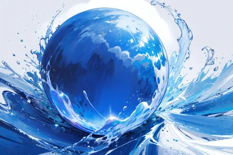 a close up of a blue ball with water splashing around it