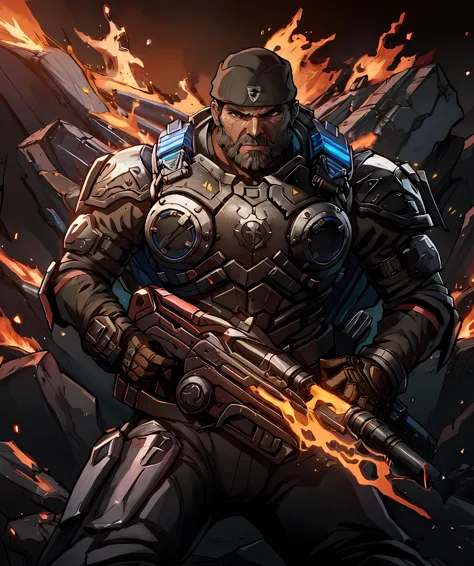 marcus_fenix, (muscular:1.1), fire, mountain, lava, fold, beard, armor, holding a gun, black bandana, long pants, looking at vie...