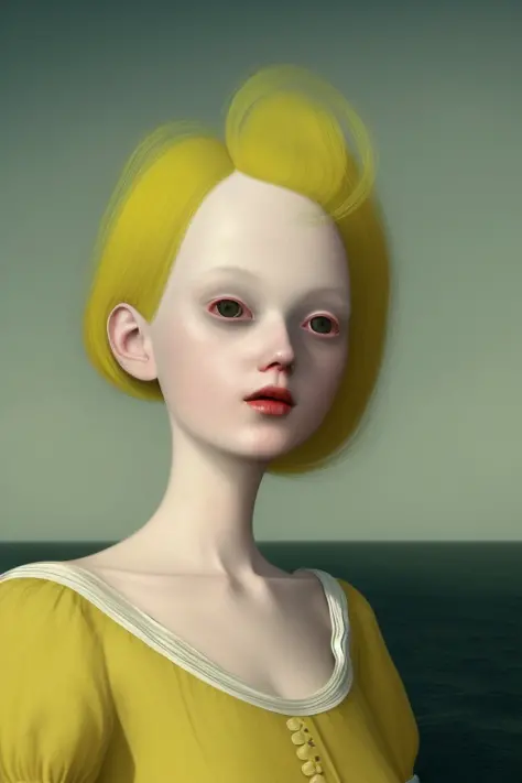 <lora:RayCaesar01:1>,Ray Caesar Style, closeup a woman in a white dress, yellow hair,sea background