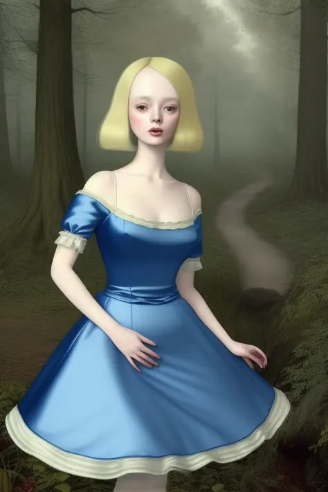 <lora:RayCaesar01:1>,Ray Caesar Style, a woman in a blue satin dress, blonde hair, forest background