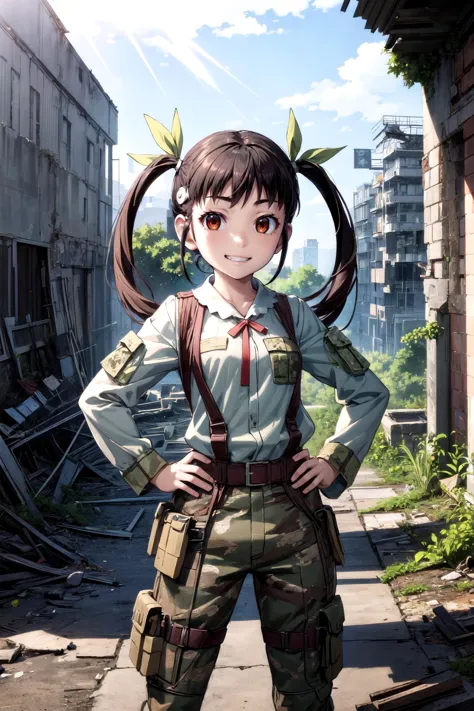 (masterpiece, best quality, detailed), 1girl, solo, looking at viewer,
<lora:hachikuji-mayoi-v1:0.9>, hachikuji01, long hair, brown hair, red eyes, flat chest, twintails, hair ribbon, white hairband, <lora:camouflage_uniform04:0.55>, wearing camouflage_uniform, ruins, overgrown, rubble, pillar, outdoors, building, light rays, fog, hands on hips, grin