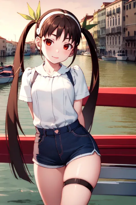 anime girl with long hair and a white shirt posing on a bridge