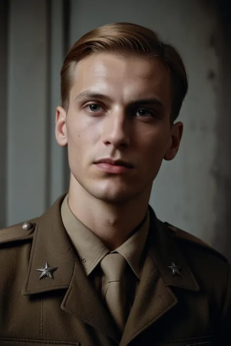 stylized by Natalia Rak and Grete Stern, photograph, well-built Male Soldier, Caramel hair, Sharp and in focus, Depressing, soft lighting, film grain, Fujifilm Neopan 100, Depth of field 270mm, photorealism