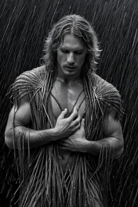 a black and white photo of a man in a rain storm