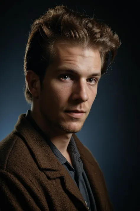 a close up of a man with a brown coat and a black background