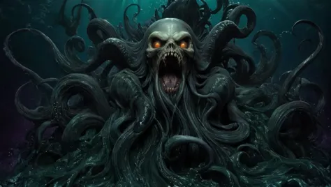 a large octopus with a skull and tentacles in the water