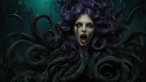 a woman with purple hair and a purple wig is in the water