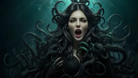 a woman with tentacles on her head and a dark background