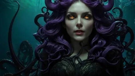 a close up of a woman with purple hair and octopus tentacles