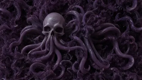 purple octopus with a skull on its head laying on a pile of purple hair