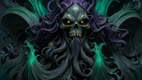 a close up of a skull with a purple hair and green eyes