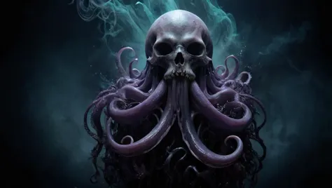 a skull with tentacles and a skull face in the middle of a dark background