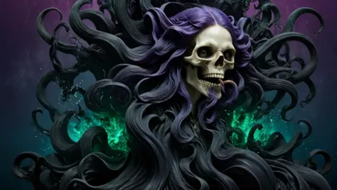 a close up of a skull with purple hair and a purple background