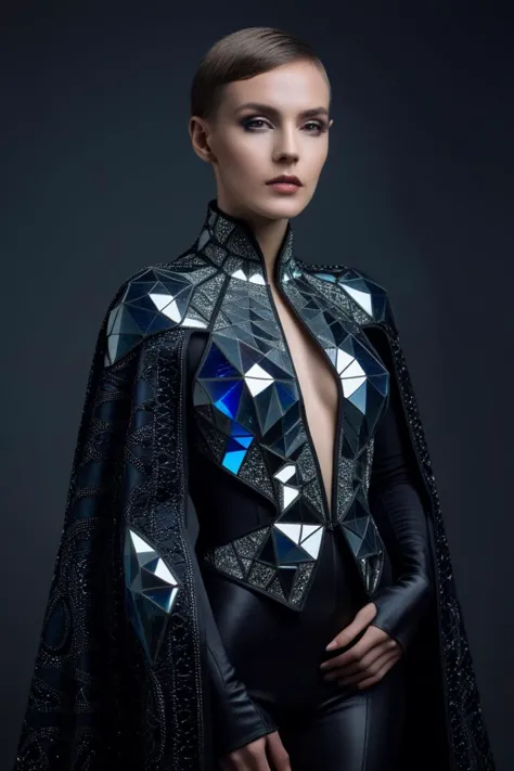 a woman in a black suit and cape with a blue diamond on it