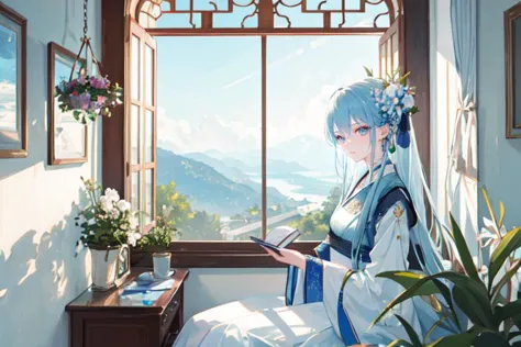 (otherworldly), highly insanely detailed, masterpiece, top quality, best quality, highres, 4k, 8k, RAW photo, (very aesthetic, beautiful and aesthetic), (Lihua), earrings, hair flower, cleavage, hanfu, makeup
A dreamy window seat overlooking a picturesque view, where the girl can daydream, journal, or simply gaze out at the world outside. The soft sunlight streaming in adds to the peaceful ambiance. Dreamy window seat, picturesque view, daydreaming, journaling, soft sunlight, peaceful ambiance.
1girl, looking at viewer, 
__kusuriya__
<lora:kusuriya_EP01to10-diag_oft-bundle-40000:1>, (fantasy world)