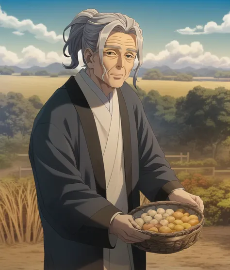 an old man holding a basket of eggs in a field