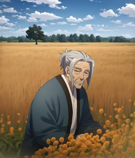 an old man in a field of flowers with a sky background