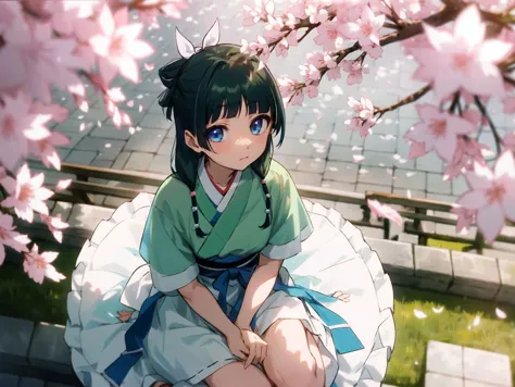 anime girl sitting on a bench under a tree with pink flowers