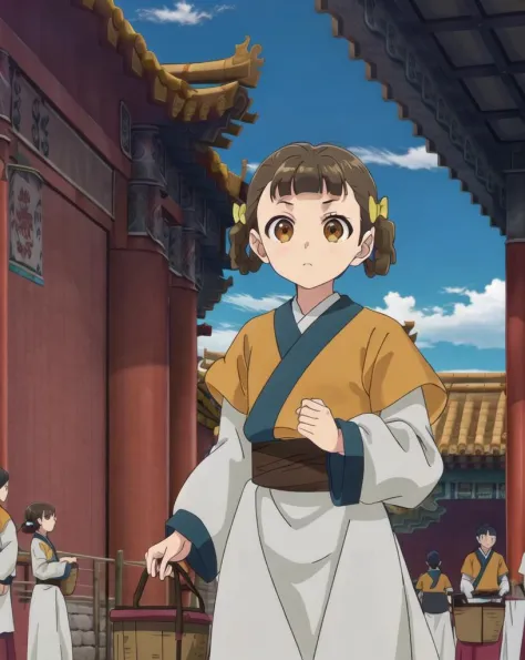 Xiaolan, solo, 1girl, long sleeves, hair bow, outdoors, day, cloud, blue sky, chinese clothes, basket of clothes, east asian architecture, 
<lora:kusuriya_EP01to03-bundle-30000:0.95>