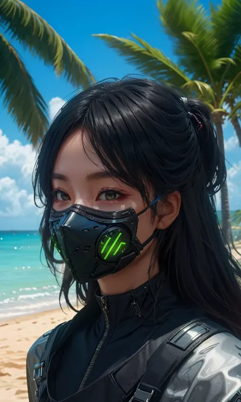 cybermask2023, 1girl, perspective photo, 8k, uhd, masterpiece, cinematic lighting, vibrant colors, photorealistic, detailed art, at the beach, sunny day, palm trees