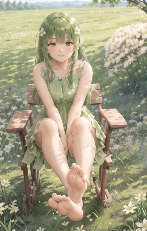 anime girl sitting on a bench in a field of flowers