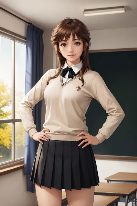 (masterpiece, best quality:1.2), solo, 1girl, sakurai rihoko, smile, looking at viewer, hands on hips, school uniform, sweater, long sleeves, skirt, indoors, classroom <lora:amagami_sakurai:1>