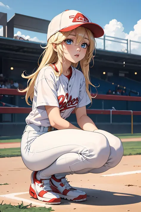 anime baseball player kneeling on the field with a baseball bat