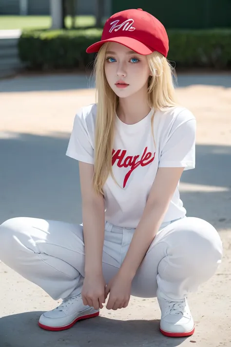 arafed blonde girl in a red hat and white shirt crouches down