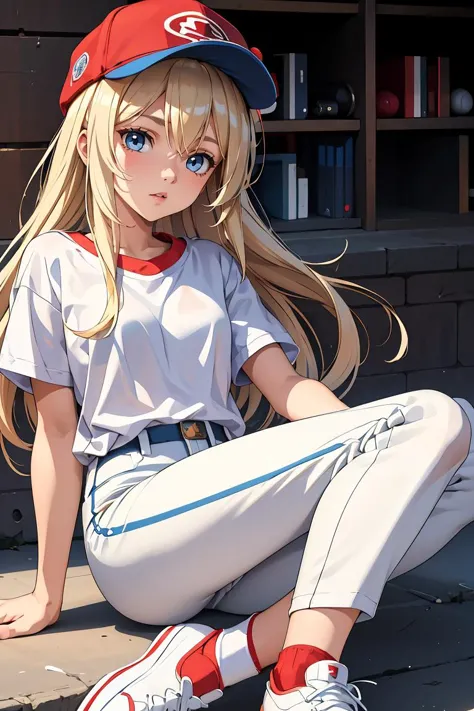 anime girl sitting on the ground with a baseball cap on