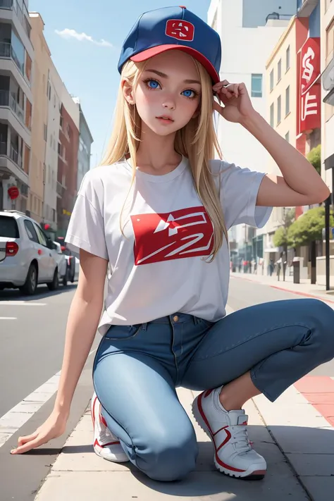 a woman in a baseball cap and jeans crouches on the sidewalk